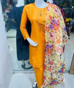 Button Style shirt with Floral Organza Duptta 3pcs